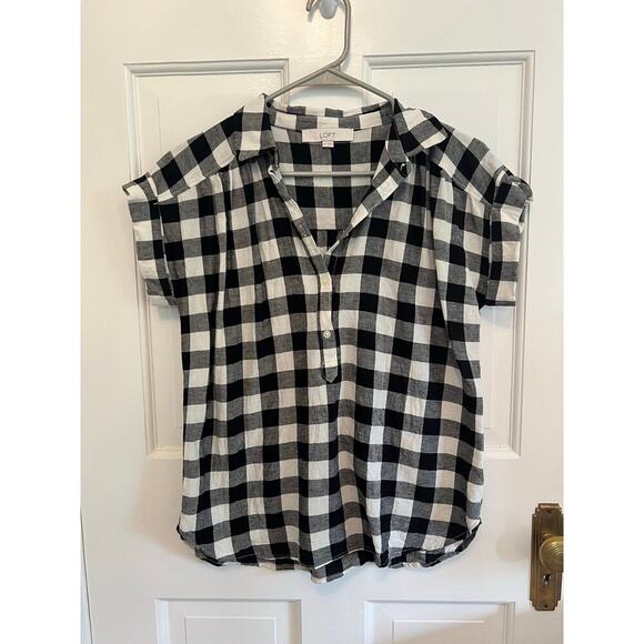 Loft Women's S Linen Blend Gingham Dolman Henley Top Buffalo Plaid Black White - Picture 1 of 9